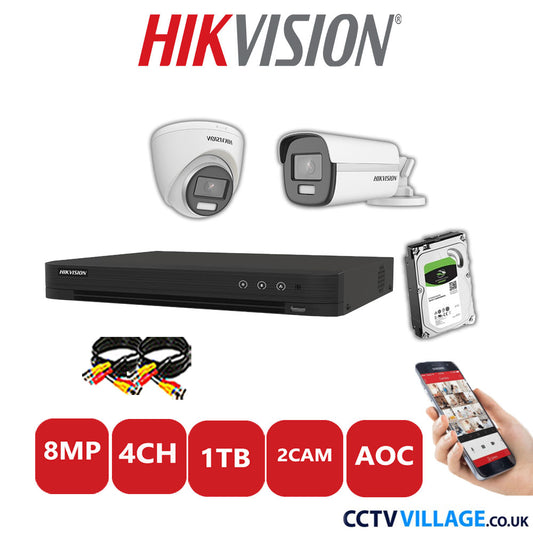 Hikvision 8MP Mix CCTV System 4 Channel DVR-iDS-7204HUHI-M1/S with 1x Turret Camera DS.2CE72UF3T-E White & 1x Bullet Camera DS.2CE12UF3T-E White 1TB HDD Full Kit