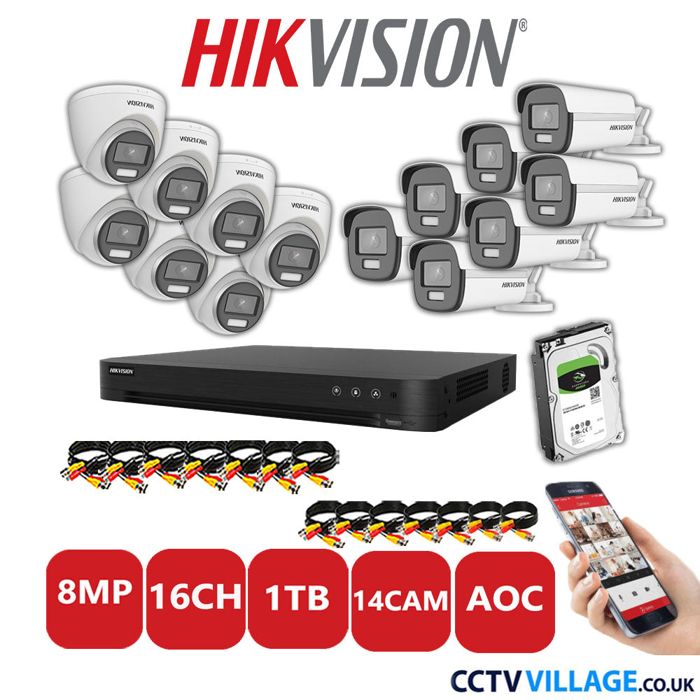 Hikvision 8MP Mix CCTV System 16 Channel DVR-iDS-7216HUHI-M2/S with 7x Turret Cameras DS.2CE72UF3T-E White & 7x Bullet Cameras DS.2CE12UF3T-E White 1TB HDD Full Kit