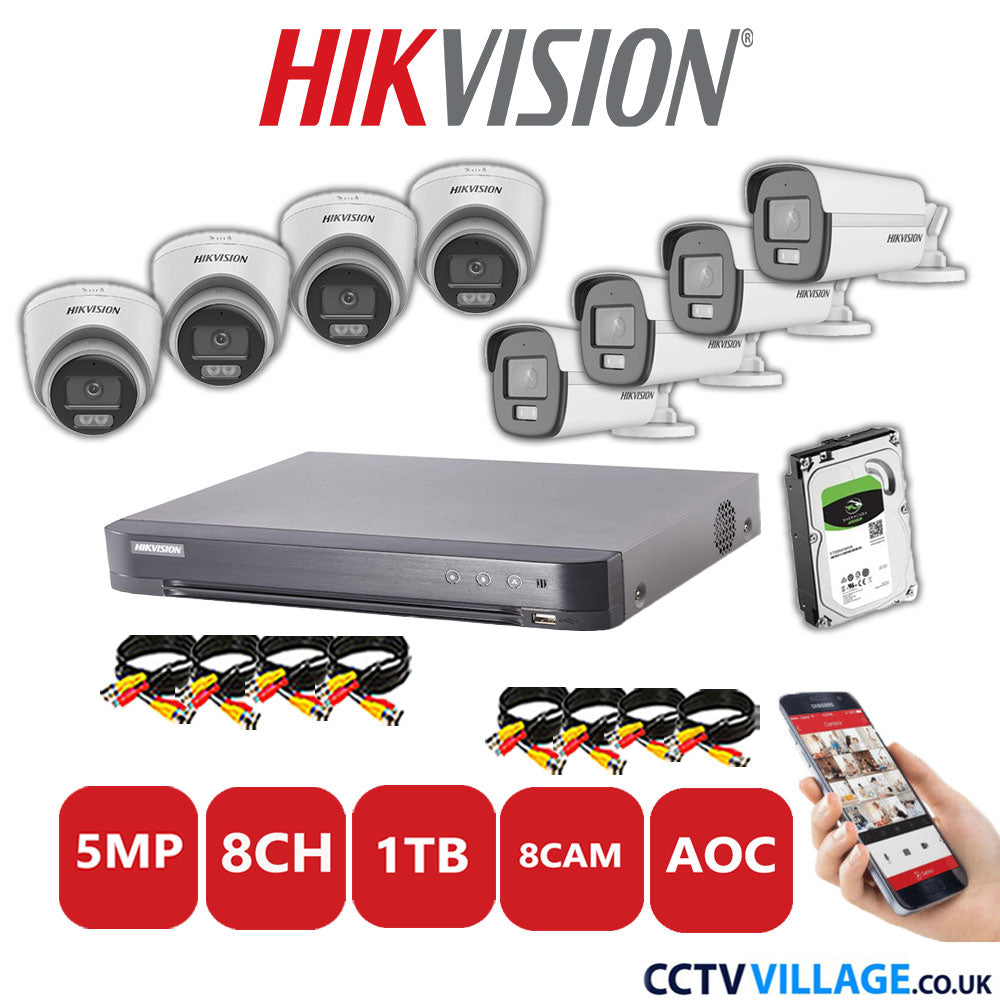 Hikvision 5MP Mix CCTV System 8 Channel DVR-iDS-7208HQHI-K1/4S with 4x Turret Cameras DS.2CE72KFOT-LFS White & 4x Bullet Cameras DS.2CE12KF0T-LFS White 1TB HDD Full Kit