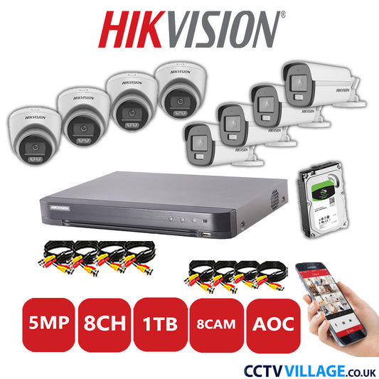 Hikvision 5MP Mix CCTV System 8 Channel DVR-iDS-7208HQHI-K1/4S with 4x Turret Cameras DS.2CE72KFOT-LFS White & 4x Bullet Cameras DS.2CE12KF0T-LFS White 1TB HDD Full Kit