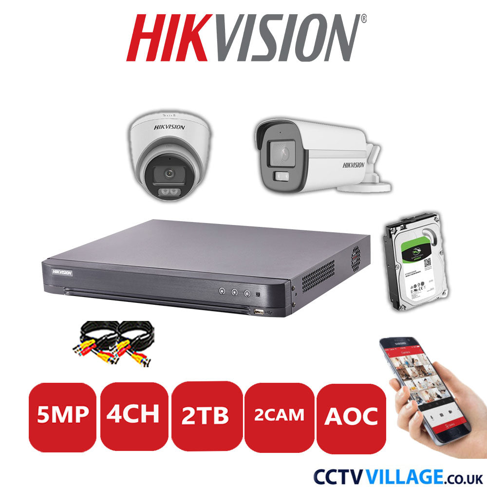 Hikvision 5MP Mix CCTV System 4 Channel DVR-iDS-7204HQHI-K1/2S with 1x Turret Camera DS.2CE72KF0T-LFS White & 1x Bullet Camera DS.2CE12KF0T-LFS White 2TB HDD Full Kit