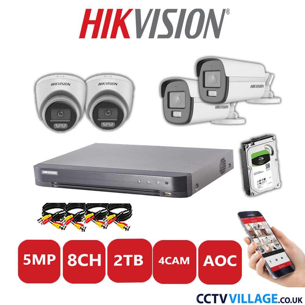 Hikvision 5MP Mix CCTV System 8 Channel DVR-iDS-7208HQHI-K1/4S with 2x Turret Cameras DS.2CE72KFOT-LFS White & 2x Bullet Cameras DS.2CE12KF0T-LFS White 2TB HDD Full Kit