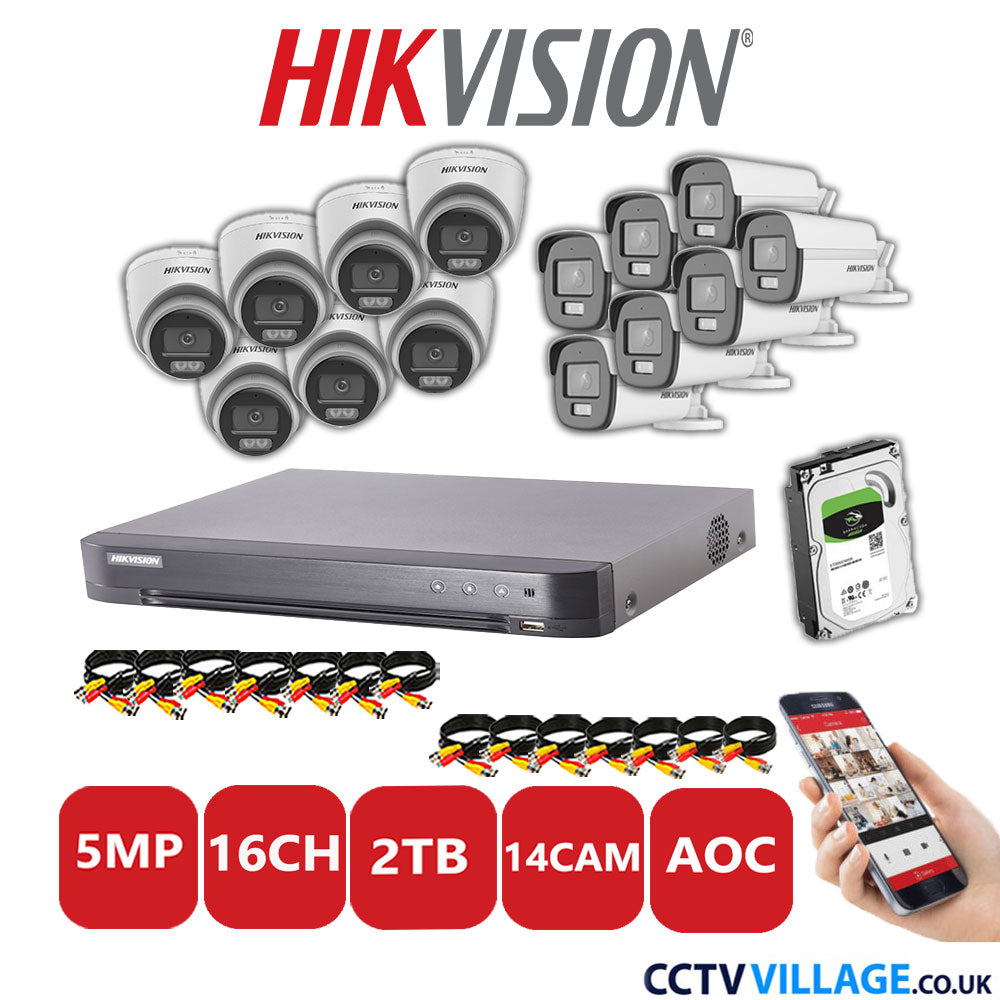 Hikvision 5MP Mix CCTV System 16 Channel DVR-iDS-7216HQHI-K1/4S with 7x Turret Cameras DS.2CE72KFOT-LFS White & 7x Bullet Cameras DS.2CE12KF0T-LFS White 2TB HDD Full Kit