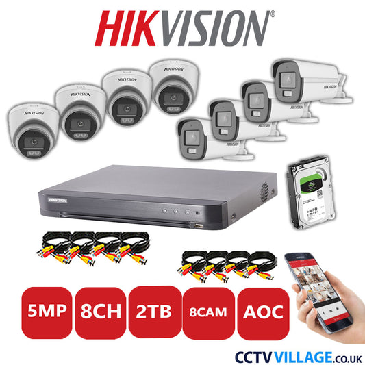 Hikvision 5MP Mix CCTV System 8 Channel DVR-iDS-7208HQHI-K1/4S with 4x Turret Cameras DS.2CE72KFOT-LFS White & 4x Bullet Cameras DS.2CE12KF0T-LFS White 2TB HDD Full Kit