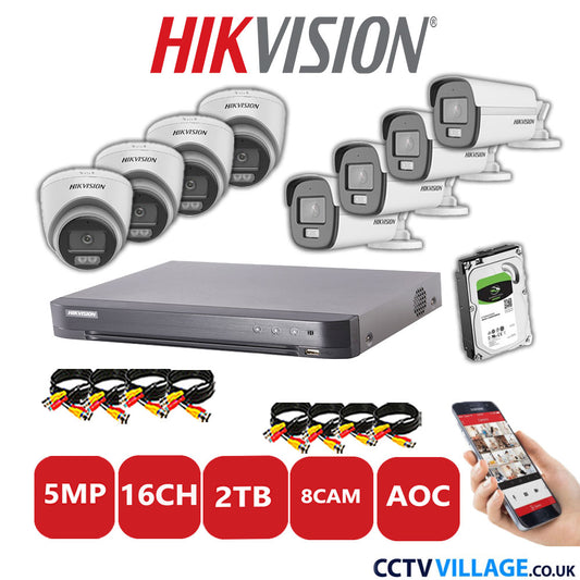 Hikvision 5MP Mix CCTV System 16 Channel DVR-iDS-7216HQHI-K1/4S with 4x Turret Cameras DS.2CE72KFOT-LFS White & 4x Bullet Cameras DS.2CE12KF0T-LFS White 2TB HDD Full Kit