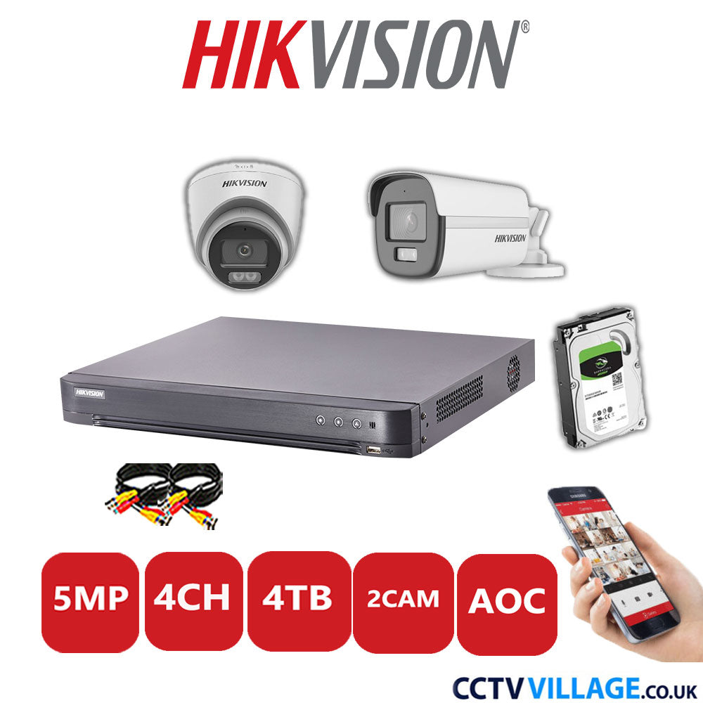 Hikvision 5MP Mix CCTV System 4 Channel DVR-iDS-7204HQHI-K1/2S with 1x Turret Camera DS.2CE72KF0T-LFS White & 1x Bullet Camera DS.2CE12KF0T-LFS White 4TB HDD Full Kit