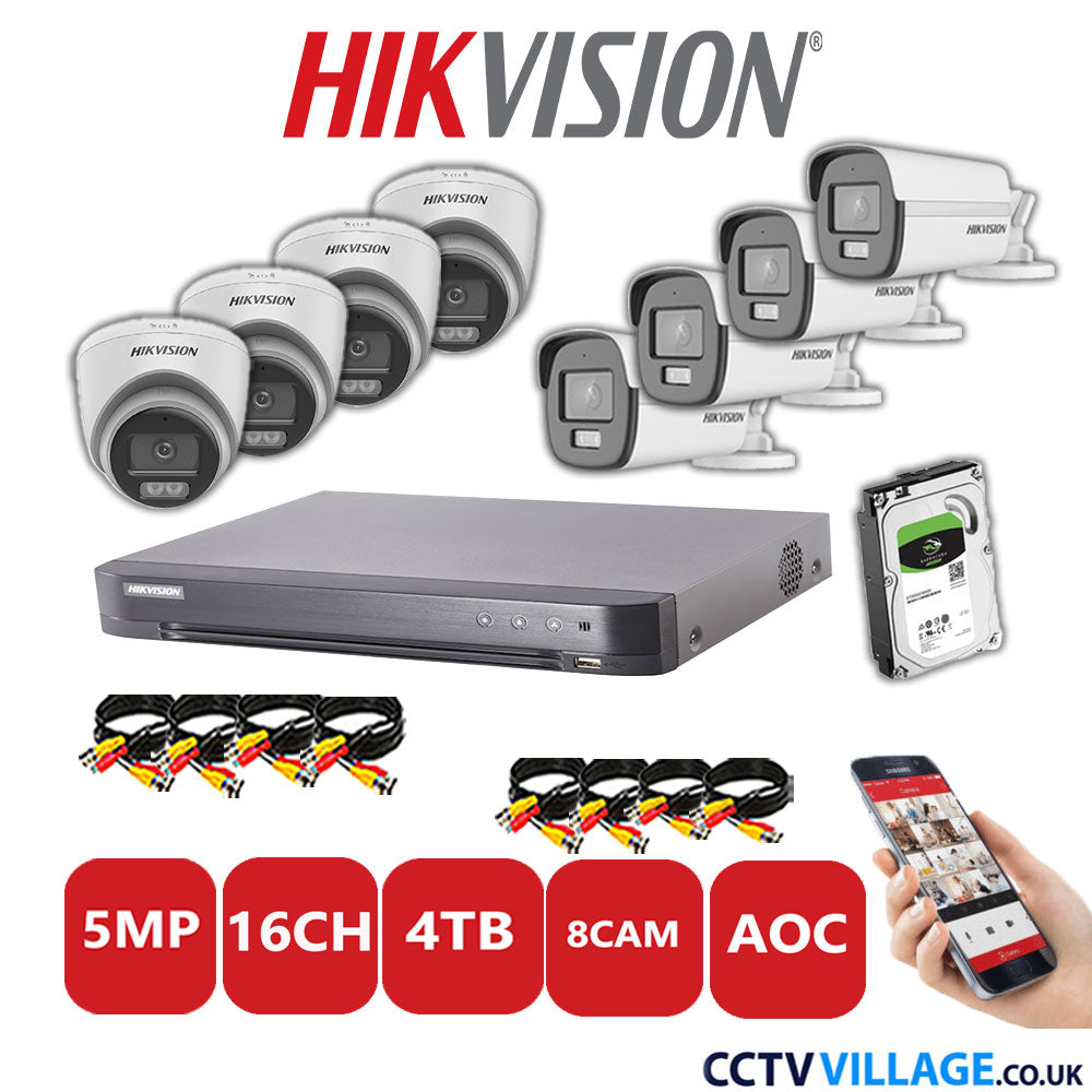 Hikvision 5MP Mix CCTV System 16 Channel DVR-iDS-7216HQHI-K1/4S with 4x Turret Cameras DS.2CE72KFOT-LFS White & 4x Bullet Cameras DS.2CE12KF0T-LFS White 4TB HDD Full Kit