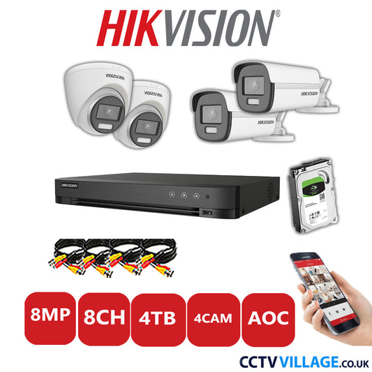 Hikvision 8MP Mix CCTV System 8 Channel DVR-iDS-7208HUHI-M1/S with 2x Turret Cameras DS.2CE72UF3T-E White & 2x Bullet Cameras DS.2CE12UF3T-E White 4TB HDD Full Kit