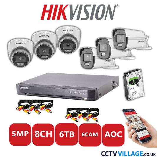 Hikvision 5MP Mix CCTV System 8 Channel DVR-iDS-7208HQHI-K1/4S with 3x Turret Cameras DS.2CE72KFOT-LFS White & 3x Bullet Cameras DS.2CE12KF0T-LFS White 6TB HDD Full Kit