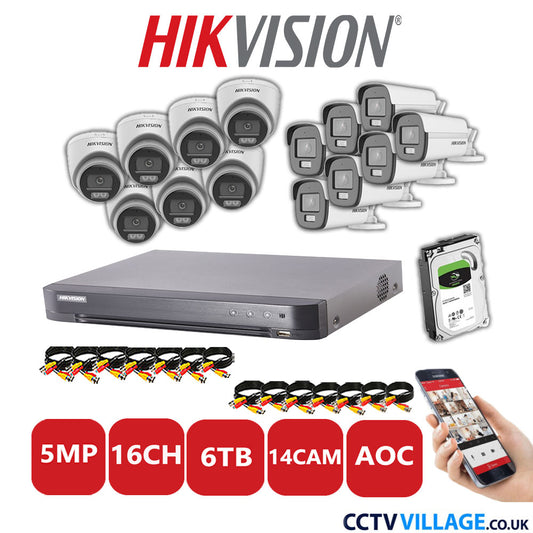 Hikvision 5MP Mix CCTV System 16 Channel DVR-iDS-7216HQHI-K1/4S with 7x Turret Cameras DS.2CE72KFOT-LFS White & 7x Bullet Cameras DS.2CE12KF0T-LFS White 6TB HDD Full Kit