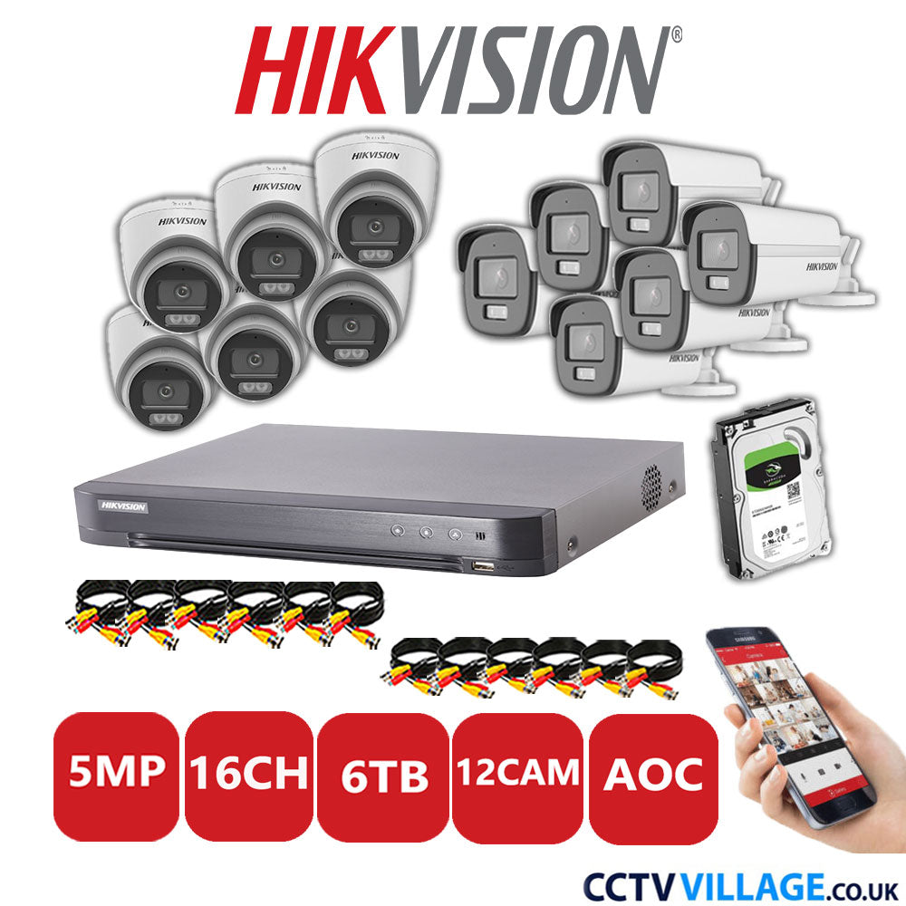 Hikvision 5MP Mix CCTV System 16 Channel DVR-iDS-7216HQHI-K1/4S with 6x Turret Cameras DS.2CE72KFOT-LFS White & 6x Bullet Cameras DS.2CE12KF0T-LFS White 6TB HDD Full Kit