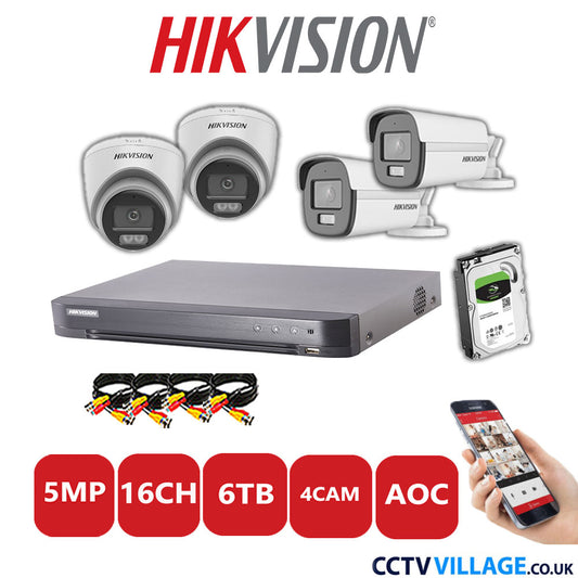 Hikvision 5MP Mix CCTV System 16 Channel DVR-iDS-7216HQHI-K1/4S with 2x Turret Cameras DS.2CE72KFOT-LFS White & 2x Bullet Cameras DS.2CE12KF0T-LFS White 6TB HDD Full Kit