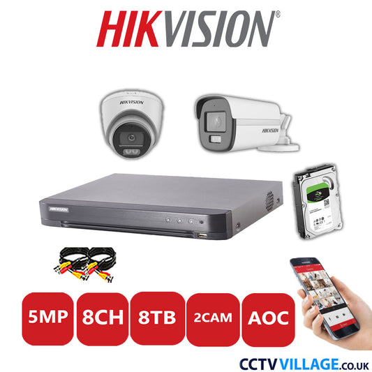 Hikvision 5MP Mix CCTV System 8 Channel DVR-iDS-7208HQHI-K1/4S with 1x Turret Camera DS.2CE72KFOT-LFS White & 1x Bullet Camera DS.2CE12KF0T-LFS White 8TB HDD Full Kit