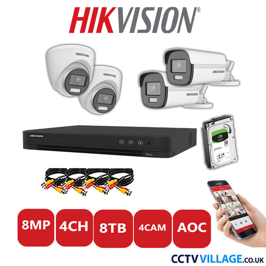 Hikvision 8MP Mix CCTV System 4 Channel DVR-iDS-7204HUHI-M1/S with 2x Turret Cameras DS.2CE72UF3T-E White & 2x Bullet Cameras DS.2CE12UF3T-E White 8TB HDD Full Kit