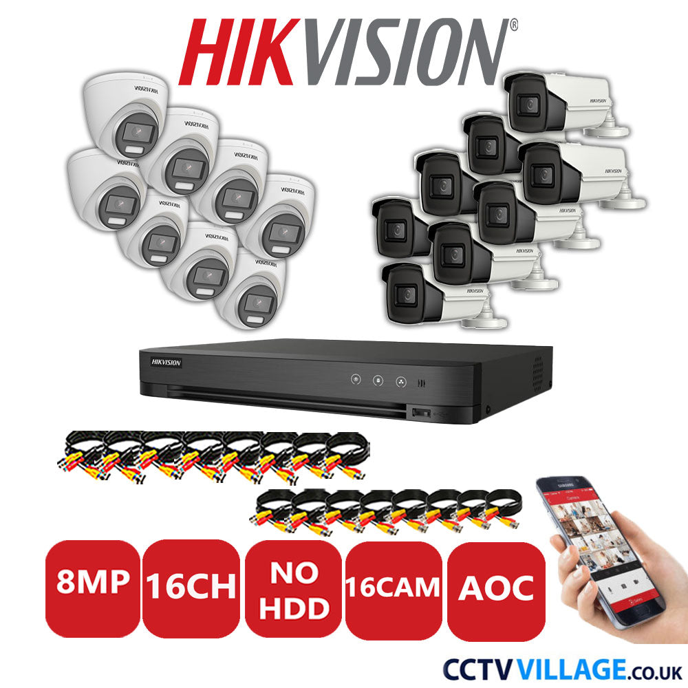 Hikvision 8MP Mix CCTV System 16 Channel DVR-iDS-7216HUHI-M2/S with 8x Turret Cameras DS.2CE72UF3T-E White & 8x Bullet Cameras DS.2CE16U1T-IT3F White No HDD Full Kit