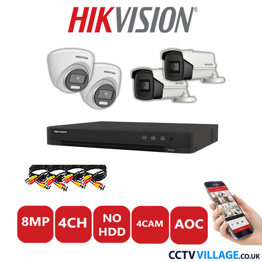 Hikvision 8MP Mix CCTV System 4 Channel DVR-iDS-7204HUHI-M1/S with 2x Turret Cameras DS.2CE72UF3T-E White & 2x Bullet Cameras DS.2CE16U1T-IT3F White No HDD Full Kit