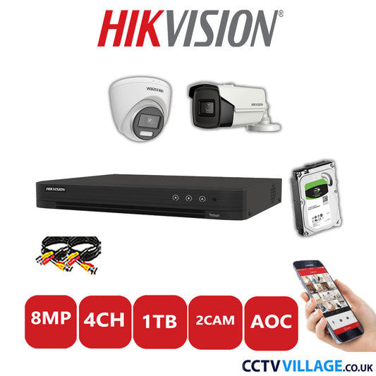 Hikvision 8MP Mix CCTV System 4 Channel DVR-iDS-7204HUHI-M1/S with 1x Turret Camera DS.2CE72UF3T-E White & 1x Bullet Camera DS.2CE16U1T-IT3F White 1TB HDD Full Kit