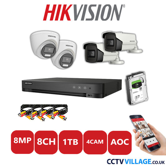 Hikvision 8MP Mix CCTV System 8 Channel DVR-iDS-7208HUHI-M1/S with 2x Turret Cameras DS.2CE72UF3T-E White & 2x Bullet Cameras DS.2CE16U1T-IT3F White 1TB HDD Full Kit