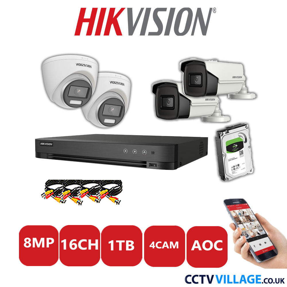 Hikvision 8MP Mix CCTV System 16 Channel DVR-iDS-7216HUHI-M2/S with 2x Turret Cameras DS.2CE72UF3T-E White & 2x Bullet Cameras DS.2CE16U1T-IT3F White 1TB HDD Full Kit