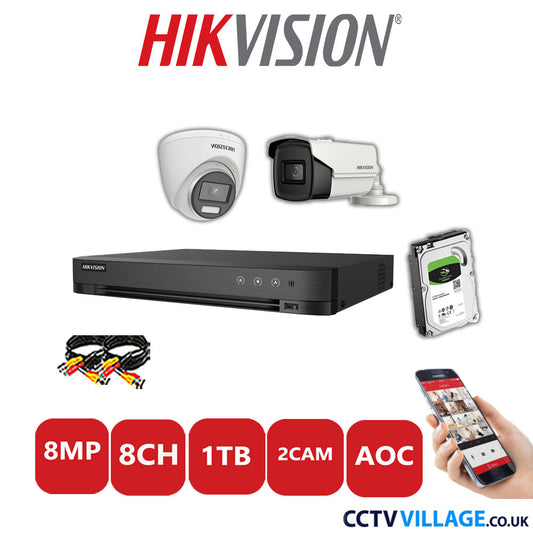 Hikvision 8MP Mix CCTV System 8 Channel DVR-iDS-7208HUHI-M1/S with 1x Turret Camera DS.2CE72UF3T-E White & 1x Bullet Camera DS.2CE16U1T-IT3F White 1TB HDD Full Kit