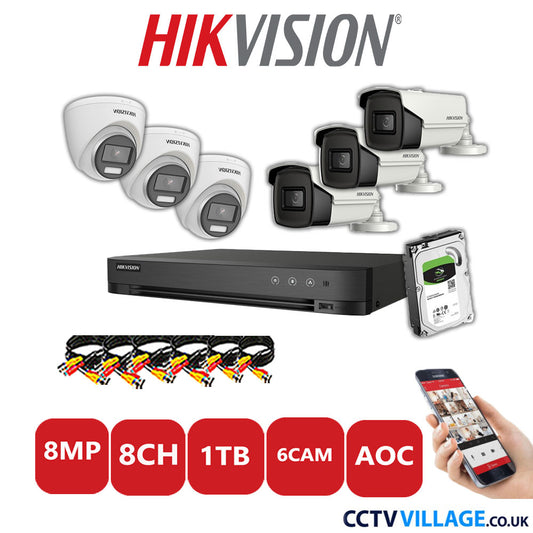 Hikvision 8MP Mix CCTV System 8 Channel DVR-iDS-7208HUHI-M1/S with 3x Turret Cameras DS.2CE72UF3T-E White & 3x Bullet Cameras DS.2CE16U1T-IT3F White 1TB HDD Full Kit