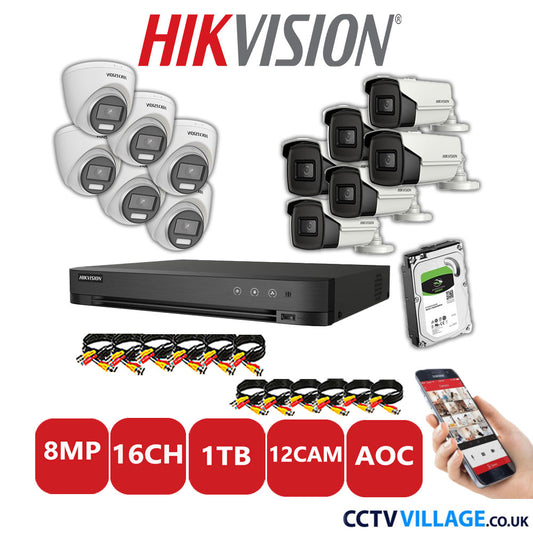 Hikvision 8MP Mix CCTV System 16 Channel DVR-iDS-7216HUHI-M2/S with 6x Turret Cameras DS.2CE72UF3T-E White & 6x Bullet Cameras DS.2CE16U1T-IT3F White 1TB HDD Full Kit