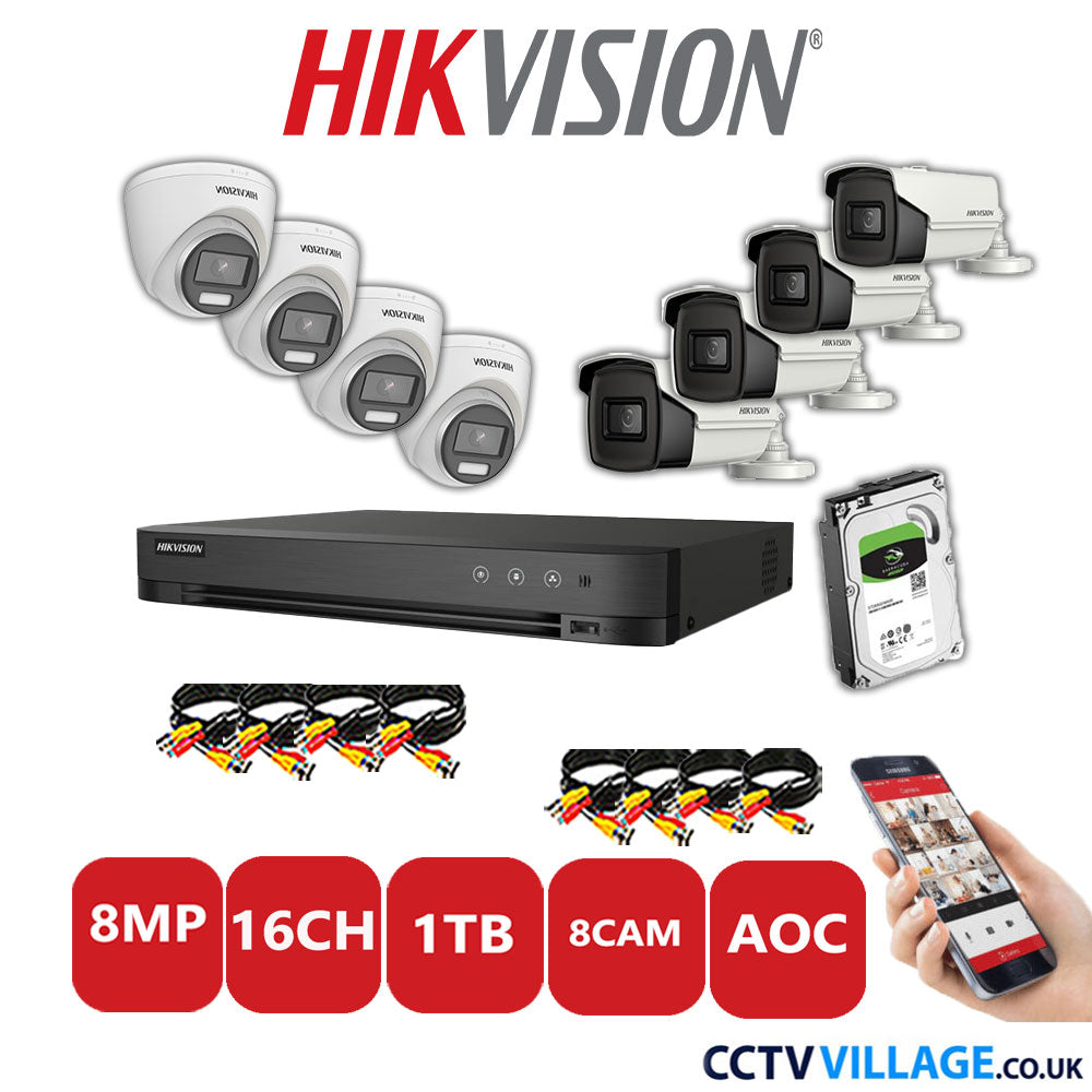 Hikvision 8MP Mix CCTV System 16 Channel DVR-iDS-7216HUHI-M2/S with 4x Turret Cameras DS.2CE72UF3T-E White & 4x Bullet Cameras DS.2CE16U1T-IT3F White 1TB HDD Full Kit