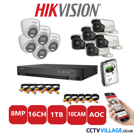 Hikvision 8MP Mix CCTV System 16 Channel DVR-iDS-7216HUHI-M2/S with 5x Turret Cameras DS.2CE72UF3T-E White & 5x Bullet Cameras DS.2CE16U1T-IT3F White 1TB HDD Full Kit