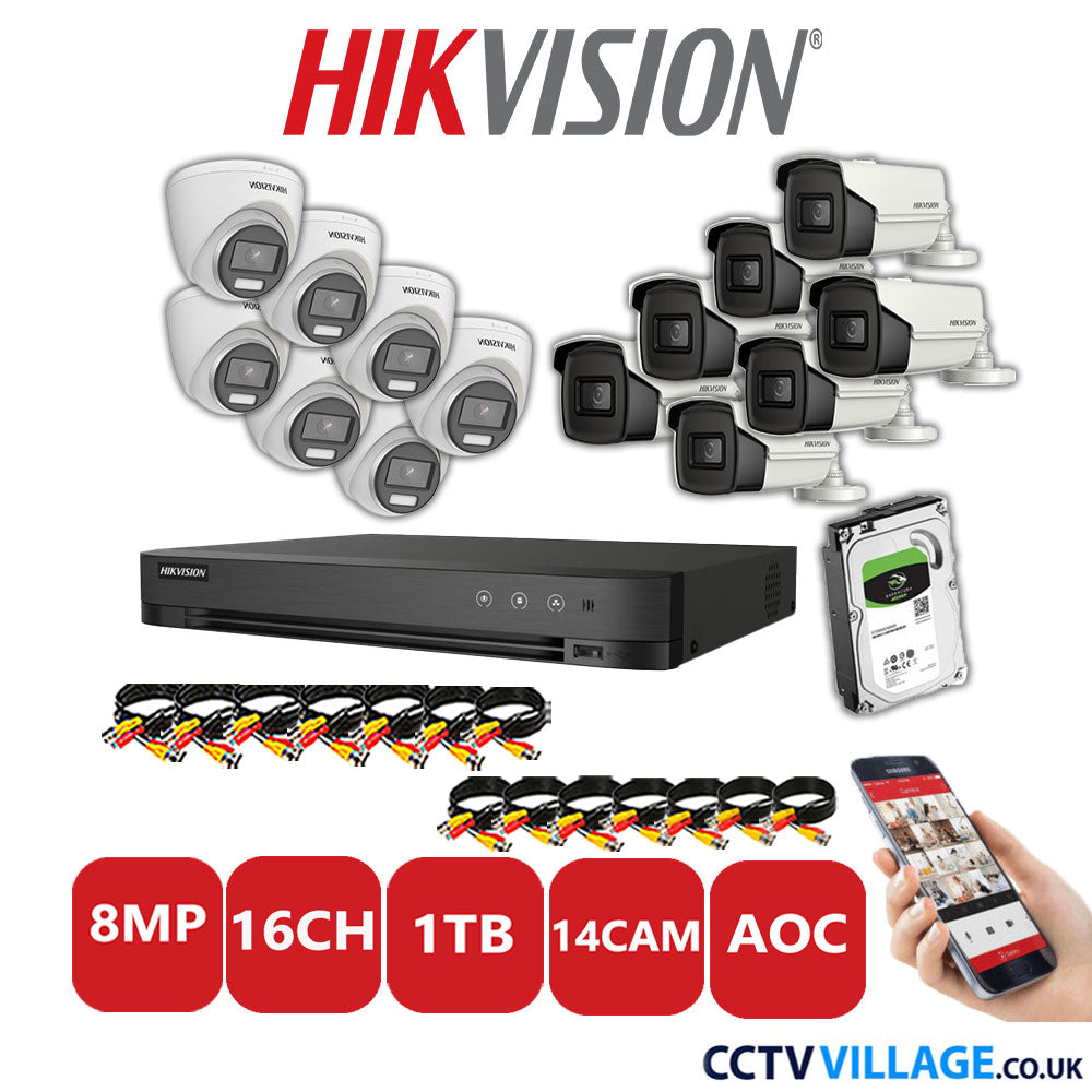 Hikvision 8MP Mix CCTV System 16 Channel DVR-iDS-7216HUHI-M2/S with 7x Turret Cameras DS.2CE72UF3T-E White & 7x Bullet Cameras DS.2CE16U1T-IT3F White 1TB HDD Full Kit