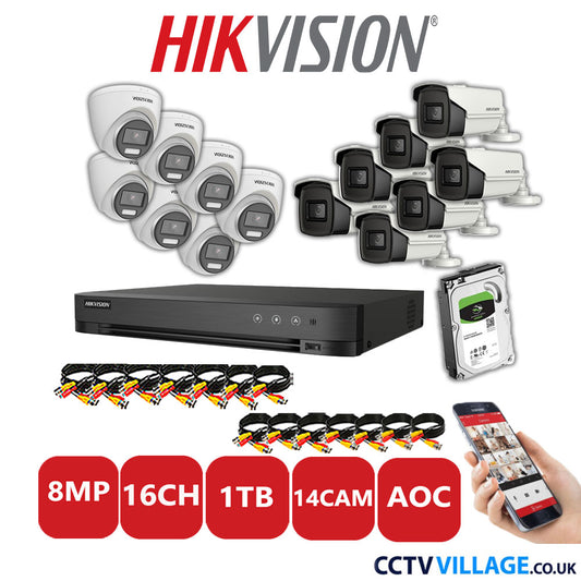 Hikvision 8MP Mix CCTV System 16 Channel DVR-iDS-7216HUHI-M2/S with 7x Turret Cameras DS.2CE72UF3T-E White & 7x Bullet Cameras DS.2CE16U1T-IT3F White 1TB HDD Full Kit