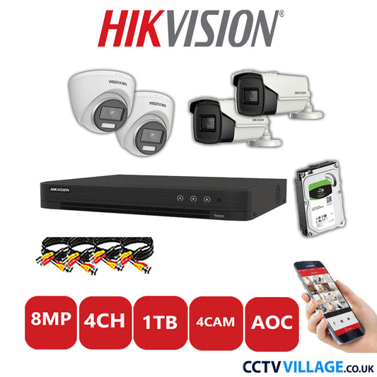 Hikvision 8MP Mix CCTV System 4 Channel DVR-iDS-7204HUHI-M1/S with 2x Turret Cameras DS.2CE72UF3T-E White & 2x Bullet Cameras DS.2CE16U1T-IT3F White 1TB HDD Full Kit