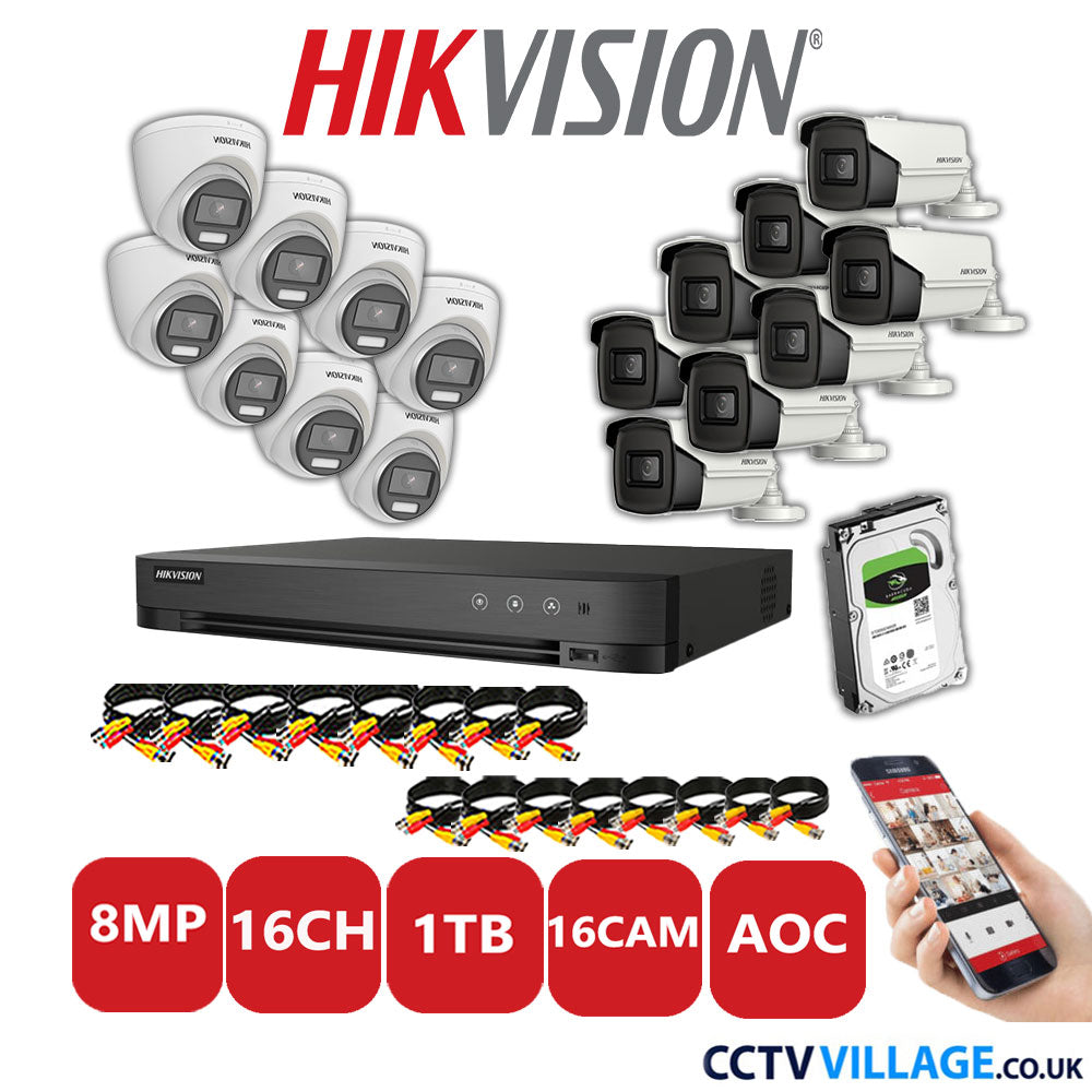 Hikvision 8MP Mix CCTV System 16 Channel DVR-iDS-7216HUHI-M2/S with 8x Turret Cameras DS.2CE72UF3T-E White & 8x Bullet Cameras DS.2CE16U1T-IT3F White 1TB HDD Full Kit