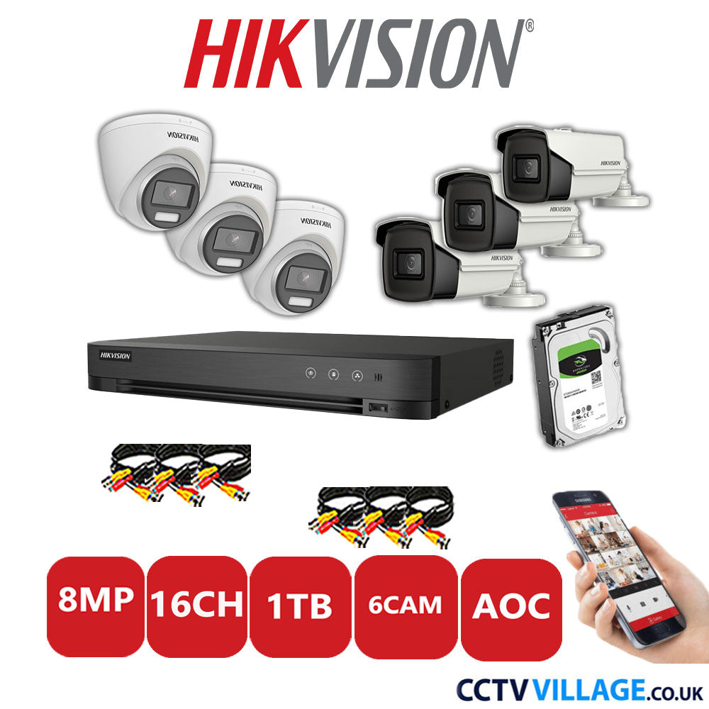 Hikvision 8MP Mix CCTV System 16 Channel DVR-iDS-7216HUHI-M2/S with 3x Turret Cameras DS.2CE72UF3T-E White & 3x Bullet Cameras DS.2CE16U1T-IT3F White 1TB HDD Full Kit