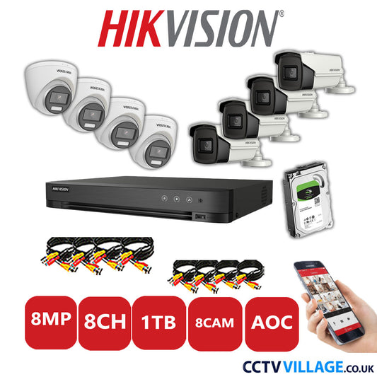 Hikvision 8MP Mix CCTV System 8 Channel DVR-iDS-7208HUHI-M1/S with 4x Turret Cameras DS.2CE72UF3T-E White & 4x Bullet Cameras DS.2CE16U1T-IT3F White 1TB HDD Full Kit