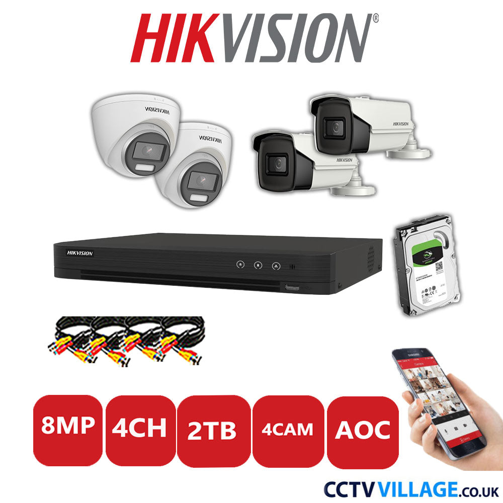 Hikvision 8MP Mix CCTV System 4 Channel DVR-iDS-7204HUHI-M1/S with 2x Turret Cameras DS.2CE72UF3T-E White & 2x Bullet Cameras DS.2CE16U1T-IT3F White 2TB HDD Full Kit