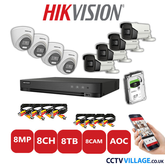 Hikvision 8MP Mix CCTV System 8 Channel DVR-iDS-7208HUHI-M1/S with 4x Turret Cameras DS.2CE72UF3T-E White & 4x Bullet Cameras DS.2CE16U1T-IT3F White 8TB HDD Full Kit