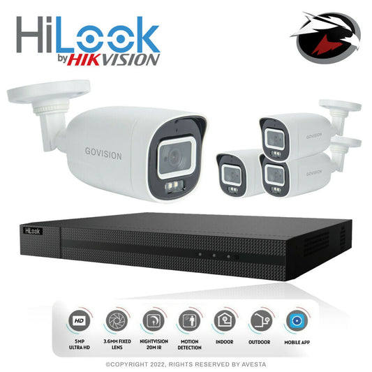 HIKVISION HILOOK 5MP CCTV SYSTEM DVR FULL HD 24/7 HOURS COLORFUL CAMERA KIT UK 8CH DVR 4x Cameras (white) 2TB HDD