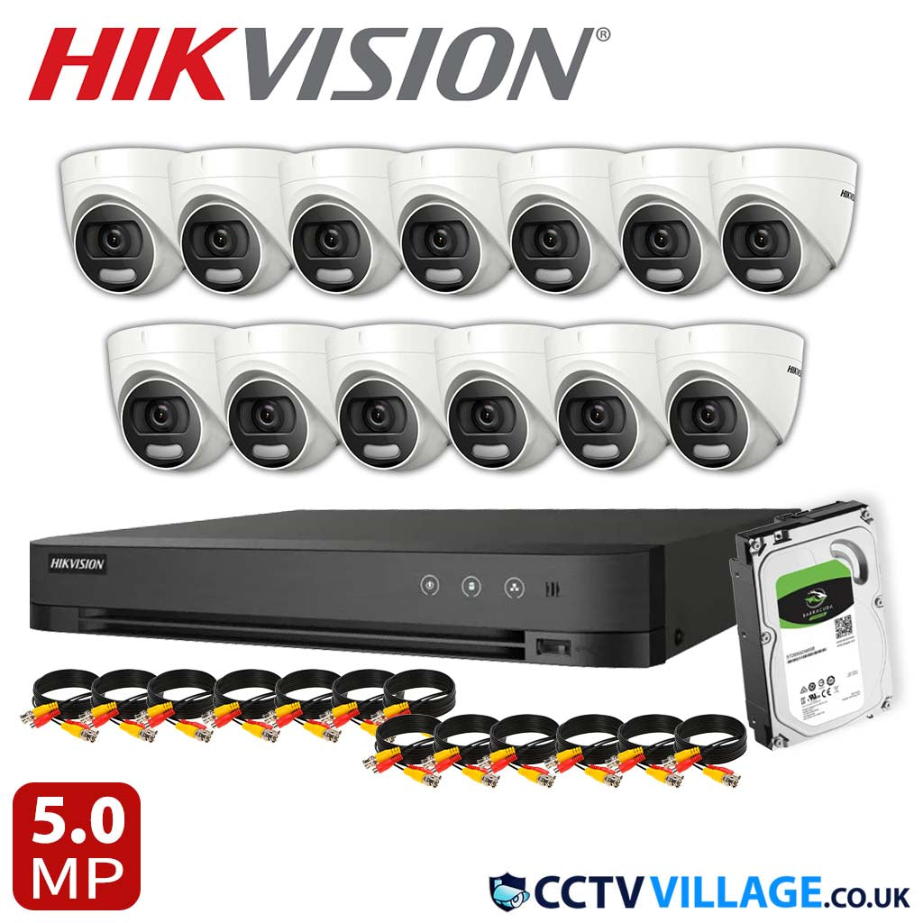 Hikvision 13x Camera System 16 Channel 1080p 1U H.265 AcuSense DVR with 2TB HDD 5MP ColorVu Fixed Turret Camera DS-2CE72HFT-F(3.6mm)