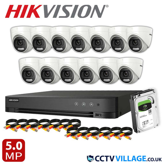 Hikvision 13x Camera Kit 16 Channel 1080p 1U H.265 AcuSense DVR with 2TB HDD 5MP ColorVu Fixed Turret Camera DS-2CE72HFT-F(3.6mm)