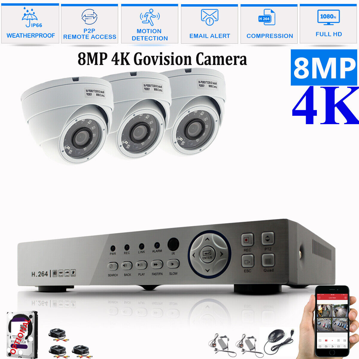 8MP CCTV System 4CH 8CH 4K Ultra HD DVR Dome Camera Home Security Kit Night UK 4CH DVR 3xCameras (white) 3TB HDD