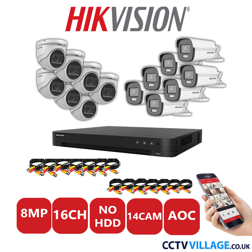 Hikvision 8MP Mix CCTV System 16 Channel DVR-iDS-7216HUHI-M2/S with 7x Turret Cameras DS.2CE76U1T-ITMF White & 7x Bullet Cameras DS.2CE12UF3T-E White No HDD Full Kit