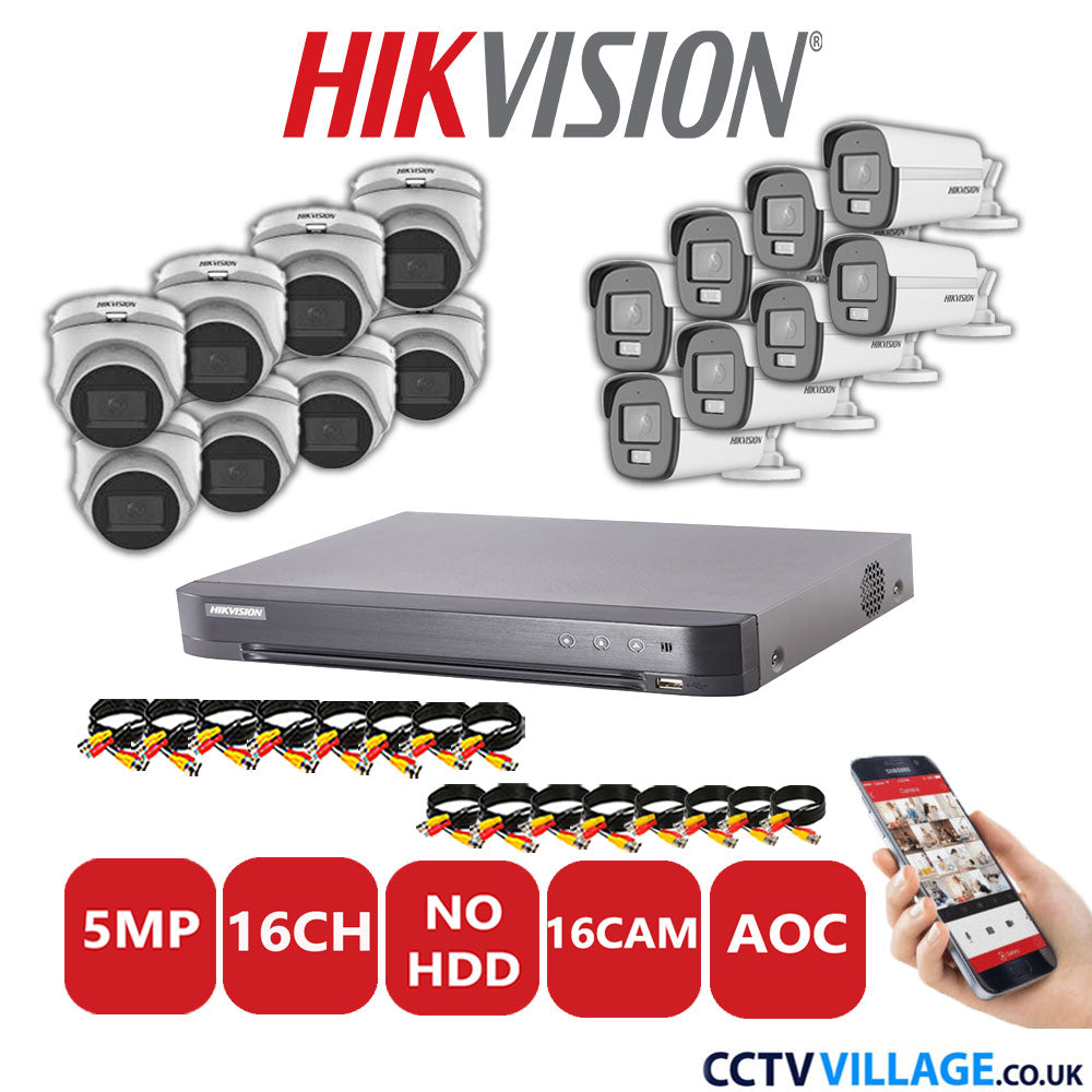 Hikvision 5MP Mix CCTV System 16 Channel DVR-iDS-7216HQHI-K1/4S with 8x Turret Cameras DS.2CE76HOT-ITMFS White & 8x Bullet Cameras DS.2CE12KF0T-LFS White No HDD Full Kit