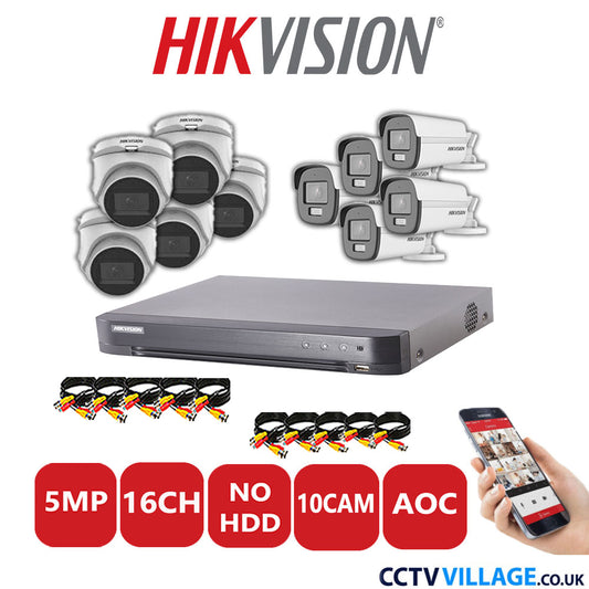 Hikvision 5MP Mix CCTV System 16 Channel DVR-iDS-7216HQHI-K1/4S with 5x Turret Cameras DS.2CE76HOT-ITMFS White & 5x Bullet Cameras DS.2CE12KF0T-LFS White No HDD Full Kit