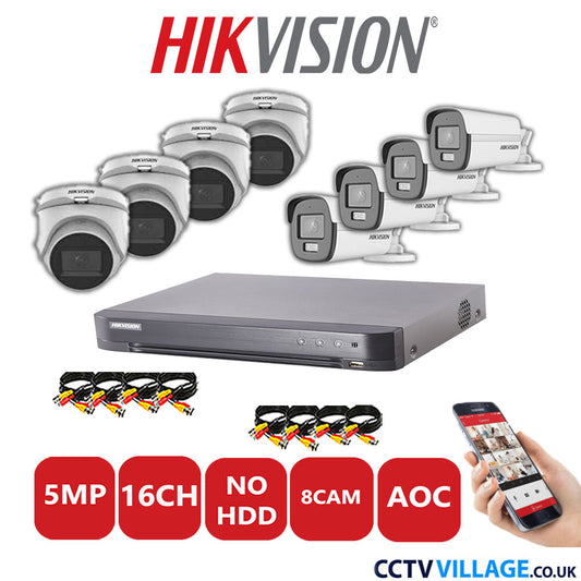 Hikvision 5MP Mix CCTV System 16 Channel DVR-iDS-7216HQHI-K1/4S with 4x Turret Cameras DS.2CE76HOT-ITMFS White & 4x Bullet Cameras DS.2CE12KF0T-LFS White No HDD Full Kit