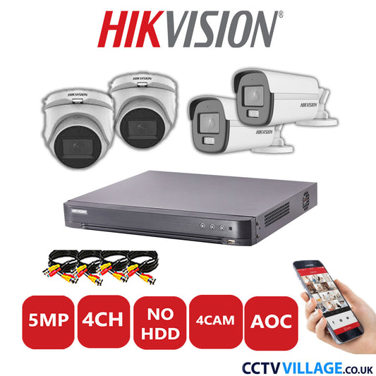 Hikvision 5MP Mix CCTV System 4 Channel DVR-iDS-7204HQHI-K1/2S with 2x Turret Cameras DS-2CE76H0T-ITMFS White & 2x Bullet Cameras DS.2CE12KF0T-LFS White No HDD Full Kit