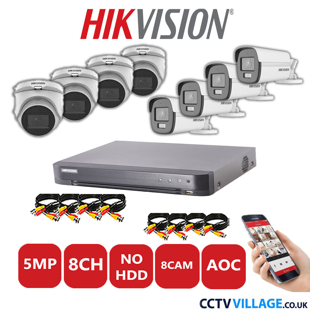 Hikvision 5MP Mix CCTV System 8 Channel DVR-iDS-7208HQHI-K1/4S with 4x Turret Cameras DS.2CE76HOT-ITMFS White & 4x Bullet Cameras DS.2CE12KF0T-LFS White No HDD Full Kit