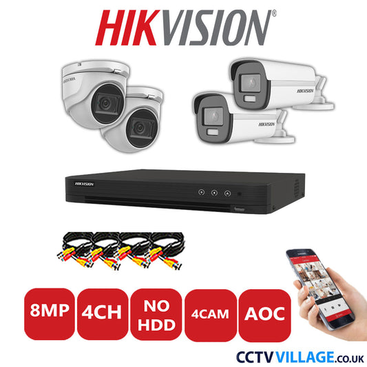 Hikvision 8MP Mix CCTV System 4 Channel DVR-iDS-7204HUHI-M1/S with 2x Turret Cameras DS.2CE76U1T-ITMF White & 2x Bullet Cameras DS.2CE12UF3T-E White No HDD Full Kit