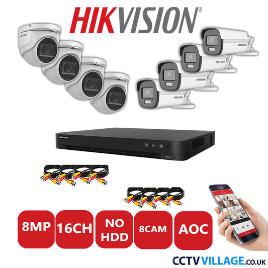 Hikvision 8MP Mix CCTV System 16 Channel DVR-iDS-7216HUHI-M2/S with 4x Turret Cameras DS.2CE76U1T-ITMF White & 4x Bullet Cameras DS.2CE12UF3T-E White No HDD Full Kit