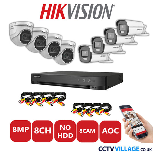 Hikvision 8MP Mix CCTV System 8 Channel DVR-iDS-7208HUHI-M1/S with 4x Turret Cameras DS.2CE76U1T-ITMF White & 4x Bullet Cameras DS.2CE12UF3T-E White No HDD Full Kit