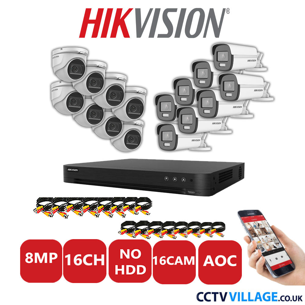 Hikvision 8MP Mix CCTV System 16 Channel DVR-iDS-7216HUHI-M2/S with 8x Turret Cameras DS.2CE76U1T-ITMF White & 8x Bullet Cameras DS.2CE12UF3T-E White No HDD Full Kit